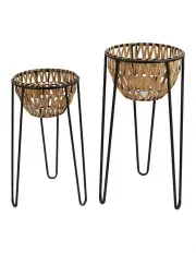 [Willow & Silk] Set of 2 Metal Bowl Planters With 3 Legged Stand 62/51cm in Brown