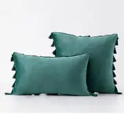 Pack of 2 Velvet Soft Solid Decorative Throw Pillows with Tassels Fringe Boho Accent Cushion Case for Couch Sofa Bed, Dark Green