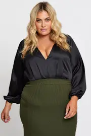 Black Long Sleeve Deep V-neck Bodysuit