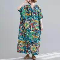 在飛比找Yahoo!奇摩拍賣優惠-大碼寬松休閑洋裝 棉麻短袖長洋裝 連衣裙 連身裙  夏季新款