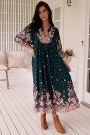 JAASE - Boheme Midi Dress: Piping Defined Bust Slimline Smock Dress in Estella Print