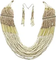 [Gypsy Jewels] Multi Row Layered Seed Bead Statement Bohemian Boho Style Necklace and Dangle Earring Set