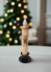 Handcrafted Christmas 7"Dusted Candy Cane and Holly Led Timer Taper Candle