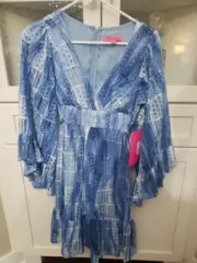 Women's NWT Size 2 Betsey Johnson Angel Sleeve Peasant Prairie Dress Blue
