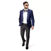 Shawl Lapel Velvet Tuxedo Navy Blue 1 Button Suit Black Pants Flat Front By AZAR