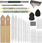 WOWOSS 23 Pieces Blending Stumps and Tortillions Set with 2 Pcs Sandpaper Pencil Sharpener, Pencil Extension Tool, 2 Sponge Sketch and Felt Bag for Student Sketch Drawing