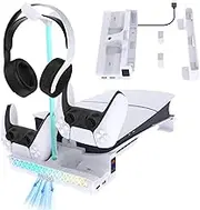 AriKroii Horizontal Stand for PS5 Slim Console with Fan Cooling/Controller Charging/RGB Light Effect, Storage Stand for Headphones, Accessories for PS5 Slim Disc/Digital Edition, Convenient Storage