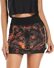 [RPLIFE] Fiery Wolf Black Womens Short Skirt, Casual Mini Skirts, Elastic Waist Skorts Women