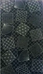 Sashiko Pre-printed Panel - HM-01 - Fans & Tumbling Blocks w/Trad. Motifs -Black