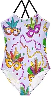 [RPLIFE] Colorful Mardi Gras Masks Kids Swim Suit, Beach Bathing Suit 3-10 Y with Adjustable Shoulder Strap, 3-10 Y