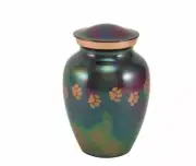 Small/Keepsake Raku Brass Paw Print Heart Cremation Urn, 85 cubic inches