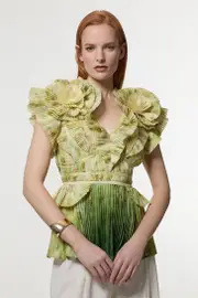 Crinkle Pleat Border Print Blouse With Rosette Detail