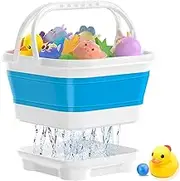 Foldable Bath Toy Storage Organizer, Bath Toy Holder with Removable Drying Base, Quick-Drain-Drying Bathtub Toy Storage, Basket Bathroom Shower Toys Holder for Kids (WhiteBlue)
