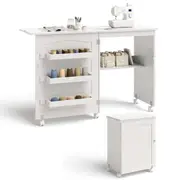 Costway Folding Sewing Table Mobile Craft Cart Storage Cabinet Work Station Desk w/Lockable Casters White