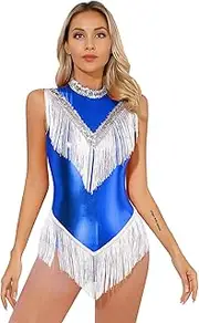 [Choomomo] Women's Shiny Metallic Sequins Tassel Jazz Costume Sleeveless Fringed Bodysuit Leotards