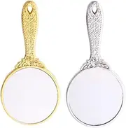 Baluue Retro Carved Handle 2pcs Round Gold/Handheld Mirror Makeup Mirror Women Mirror Compact for Travel and Everyday Use