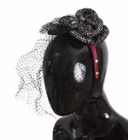 Dolce&Gabbana Women Black Headband Silk Floral Fascinator Veil Logo Tiara Diadem