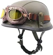 Motorcycle Leather Helmet Retro Jet Helmet with Goggles and Quick Release Buckle for Adult Men Women Cruiser Motorcycle DOT/ECE Approved Half Shell Helmet