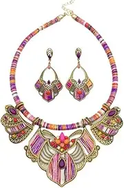 [AISIBO] Colorful Chunky Necklace Earrings Set, Multicolor Fashion African Beaded Statement Jewelry Accessories for Women, Vintage Boho Retro Choker Ethnic Collar Necklace Dangle Earring Sets, Medium