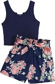 [SweatyRocks] Girls' 2-Piece Shorts and Top Sets 2 Pieces Loose Shorts with Flowers Tank Top Cute Combination Two Piece Set Summer Outfit