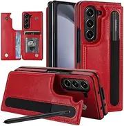 Rugged Leather Wallet Card Slot Stand Phone Case with Pen Holder for Samsung Galaxy Z Fold5 Fold 4 Fold 3 Hard Phone Stand Cover,red,for Samsung Z Fold5