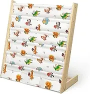 wooshwa Kids Bookshelf 5 Tier Wooden Toy and Book Storage Organizer 3 Pockets Toddler Sling Book Rack with Deep Sleeves for Baby Playroom Nursery Bedroom (Animal Concert)