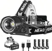 Headlamp USB Rechargeable, High Lumens Super Bright Zoom Headlamp Flashlight Head Lamp Waterproof Headlight with 3 Modes