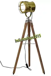 Nautical Floor Tripod Lamp With Wooden Tripod Stand Spot Searchlight Rustic Deco