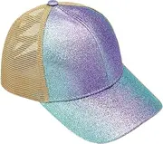[YeeHeen] Baseball Cap for Girls Criss Cross Ponytail Baseball Hats Rainbow Glitter Sun Cap