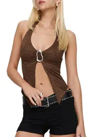 Princess Polly Moderna Split Front Lace Halter Top in Brown at Nordstrom, Size 4