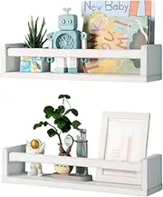 Nursery Book Shelves, Wood Floating Shelves for Kids Room Set of 2, Kitchen Spice Rack, Rustic Wall Mounted Wooden Wall Bookshelf, Farmhouse Bathroom Décor (White)