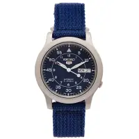 在飛比找momo購物網優惠-【SEIKO 精工】5號盾牌軍藍色帆布機械手錶-藍面X藍色/