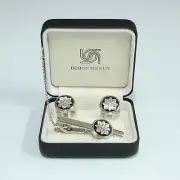 Mother of Pearl Round Black White Flower Tie Clip Bar Clasp Pin Cufflinks Set