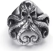 [Elfasio] Stainless Steel Octopus Ring for Men Tentacles Retro Gothic Punk Style Jewelry Silver Black Vintage Rings,Size 8-13