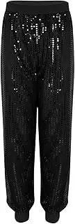 [Raenseen] Womens Sequins Hip Hop Dance Costume Glitter Jogger Pants Shiny Harem Pants Sweatpants Loose Trousers