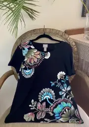 NWT Chicos 1 Tee Colorful Floral Sequins Scoop Neck Short Sleeve 100% Cotton