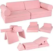 HONEY JOY 8 PCS Kids Play Couch, Foam Building Fort Play Set with Removable Suede Cover, Convertible Sectional Floor Sofa for Creative DIY for Playroom Bedroom Living Room, Pink