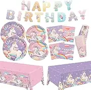 Unicorn Party Supplies Kit for 24 Guests - for Unicorn Birthday Decorations, Includes Dinner & Dessert Plates, Napkins, Cups, Banner and Tablecloth for Unicorn 1st Birthday Party Decorations