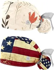 [YTYVAGT] 2-Pc,Nurse Scrub Caps,Scrub Hats with Buttons and Cotton Sweatband,Vintage Pink Leaves Flower