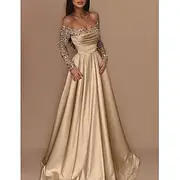 Ball Gown Gold Evening Gown Hot Dress Engagement Wedding Reception Sweep / Brush Train 3/4 Length Sleeve Off Shoulder Satin with Sequin 2025