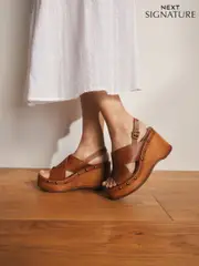 Tan Brown Signature Premium Leather Cross-Over Stud Detail Slingback Platform Clog Wedges (AV7518) | $129
