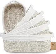 NaturalCozy 5-Piece Rectangle Storage Basket Set- Natural Cotton Rope Woven Baskets for Organizing! Small Basket for Montessori, Baby Nursery, Dog Toy Baskets, Cat Toy Box, Bathroom Organization Bin