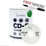 100 Smartbuy Logo 52X CD-R 700MB 80Min Blank Media Disc + Black Permanent Marker