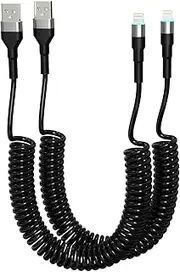 Coiled iPhone Charging Cable 2-Pack, Apple Carplay & MFi Certified, Short USB to Lightning Cable with Data Transmission and LED, Retractable iPhone Car Charger Cord for iPhone/Pad/Pod