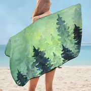 Art Painting of Green Night Pine Forest Microfiber Beach Towel