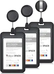 Teskyer 3 Pack Sliding ID Badge Holder with Retractable Badge Reel Clips, Hard Plastic Retractable Badge Holder for Work Badge Credit Cards Proximity Cards Driver’s Licenses and Passes, Vertical Black