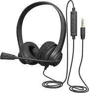 Wired Stereo Leather Headset with Rotating Noise-Canceling Boom Microphone, in-Line Controls, 3.5mm Jack, 7ft Cable for PC and Laptop Black