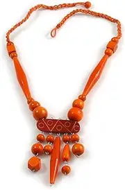 Beaded Necklace, Avalaya Tribal Wood/Ceramic Bead Cotton Cord in Orange - 60cm Long/ 10cm Long Front Drop, cords
