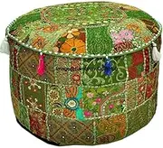 Traditional Round Embrodiery Vintage Ottoman Pouf Cover,Patchwork Ottoman, Living Room Patchwork Foot Stool Cover,Decorative Handmade Home Chair Cover (18X13 inch)