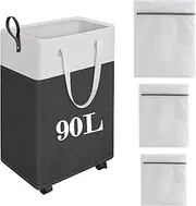 Laundry Basket,Laundry Hamper with Wheels,Collapsible Dirty Clothes Hamper with 3 Mesh Bags for Bathroom,Dorm,Bedroom,Grey,90L
